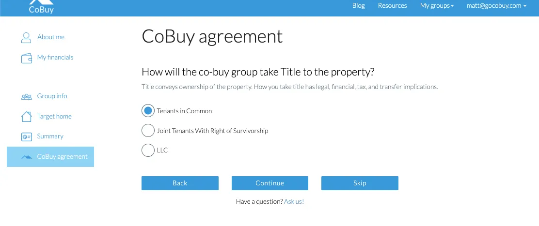 A question asking how the group will take title, with tenants in common, joint tenants and LLC as options