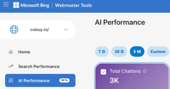 Microsoft Bing Webmaster Tools AI Performance dashboard showing 3K total AI citations for cobuy.io over three months
