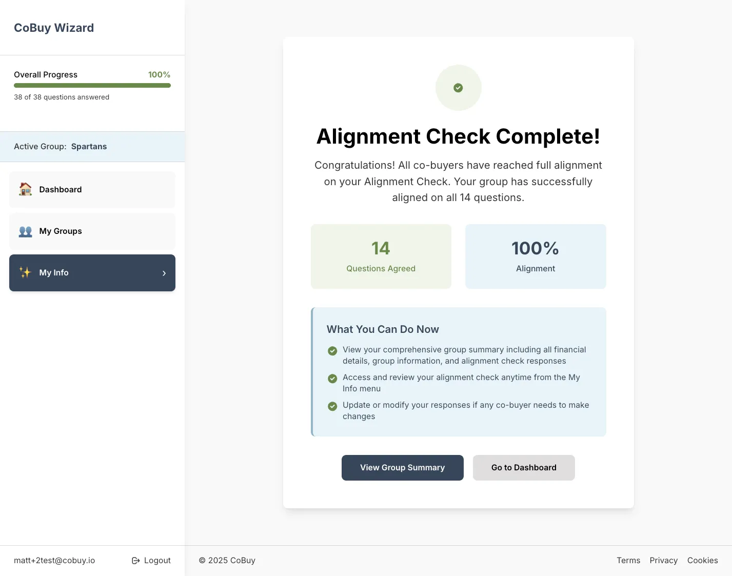A screen confirming a group’s alignment check is complete, with 14 questions agreed and 100% alignment