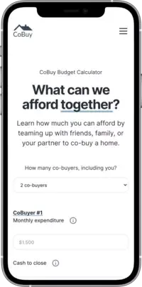 The CoBuy Budget Calculator on a phone, asking how many co-buyers are in the group