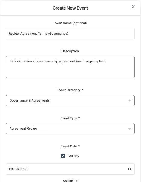 A form for creating a recurring governance event, with a category, an assignee, a reminder and a linked document