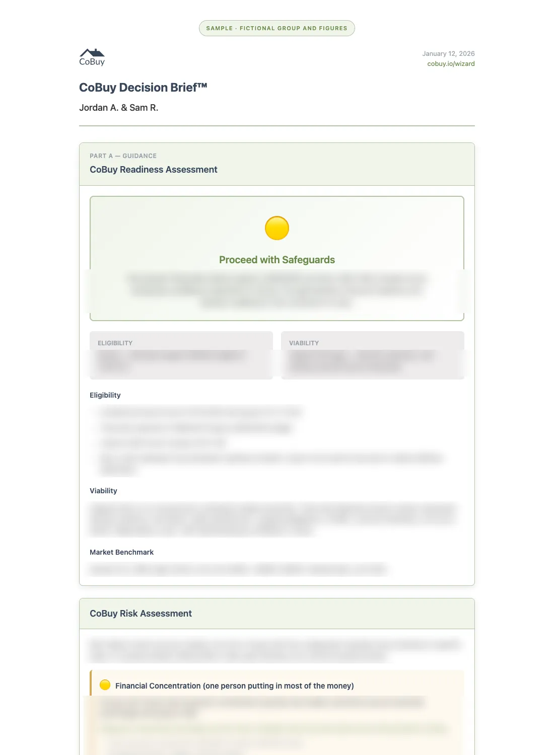 The first page of an illustrative CoBuy Decision Brief for a fictional pair, showing the readiness assessment layout with the detailed analysis blurred