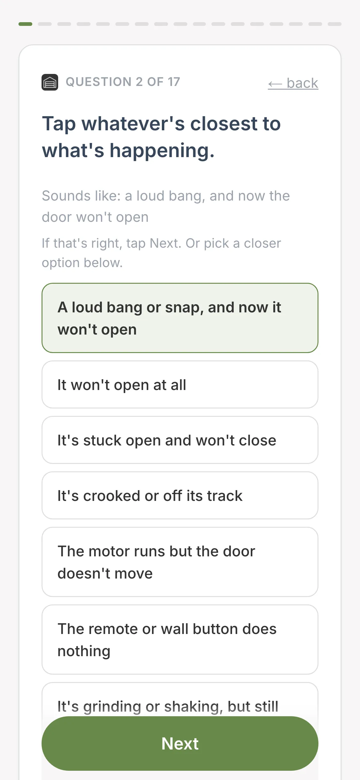 A phone screen that repeats back what it heard, "a loud bang or snap, and now it won’t open", and offers closer options