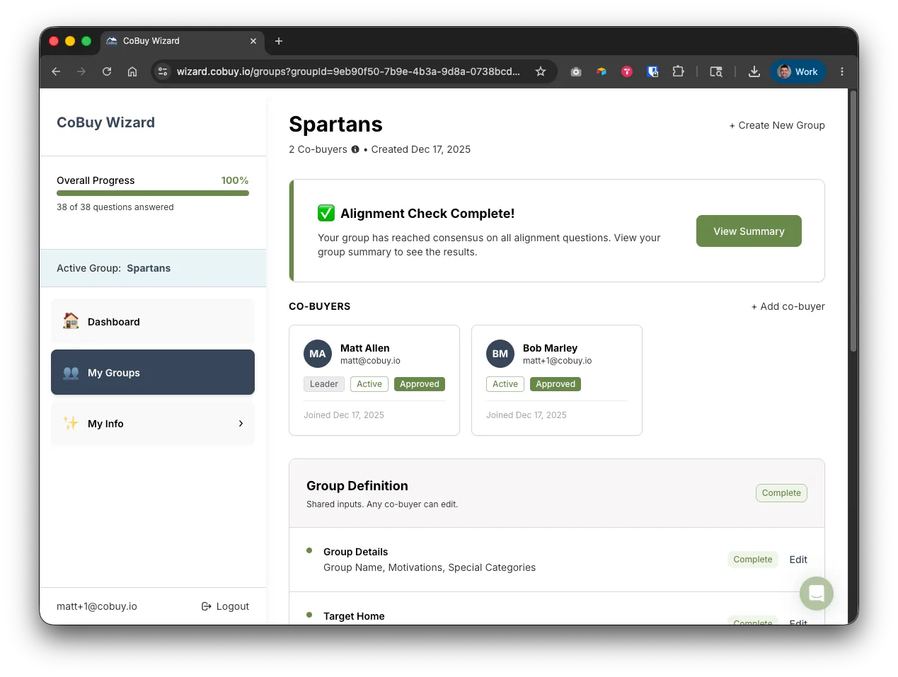 A group page showing two co-buyers, their progress and the group’s definition