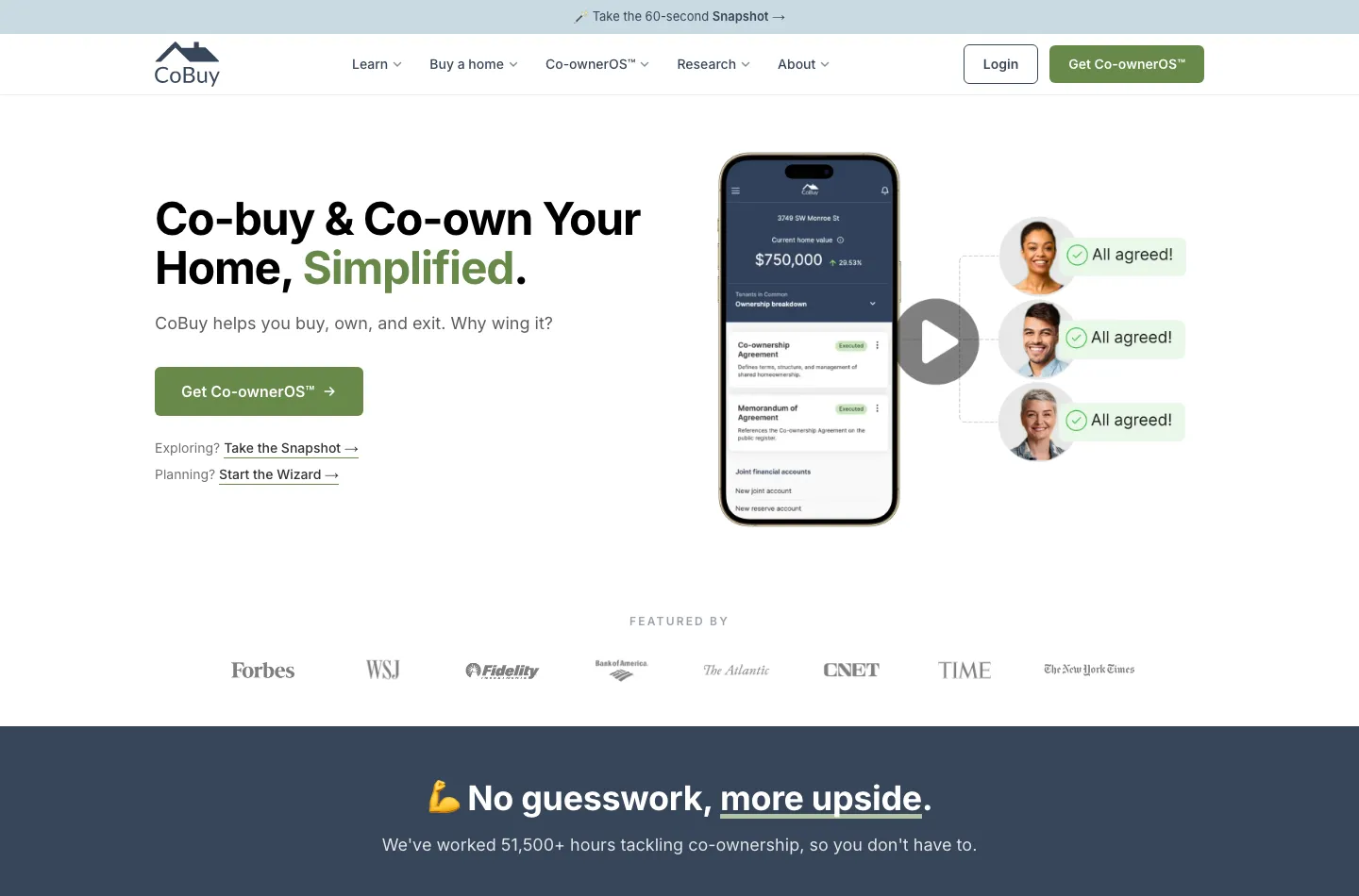 The cobuy.io home page, headed "Co-buy and co-own your home, simplified"