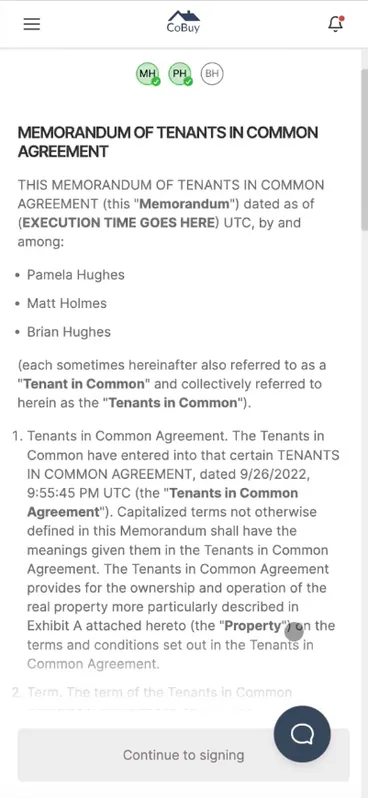 A memorandum of agreement on a phone, with three co-owners listed and a button to continue to signing