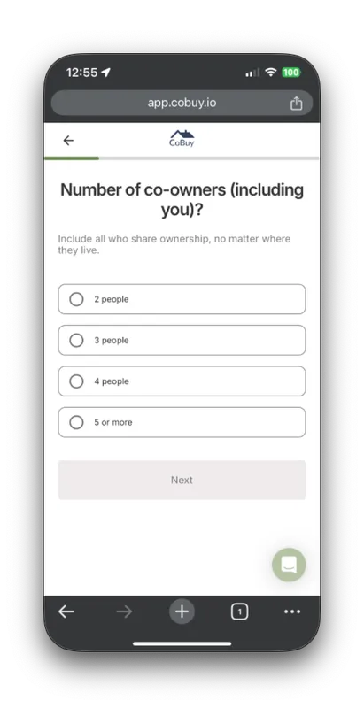 A phone screen asking how many co-owners are in the group