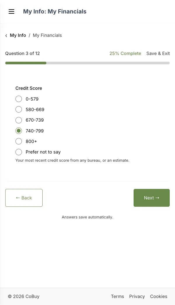 A question about credit score on a phone, with progress shown at the top
