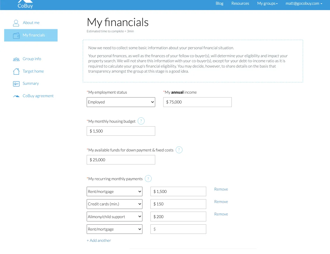 A form collecting one co-buyer’s income, housing budget, available funds and monthly debts