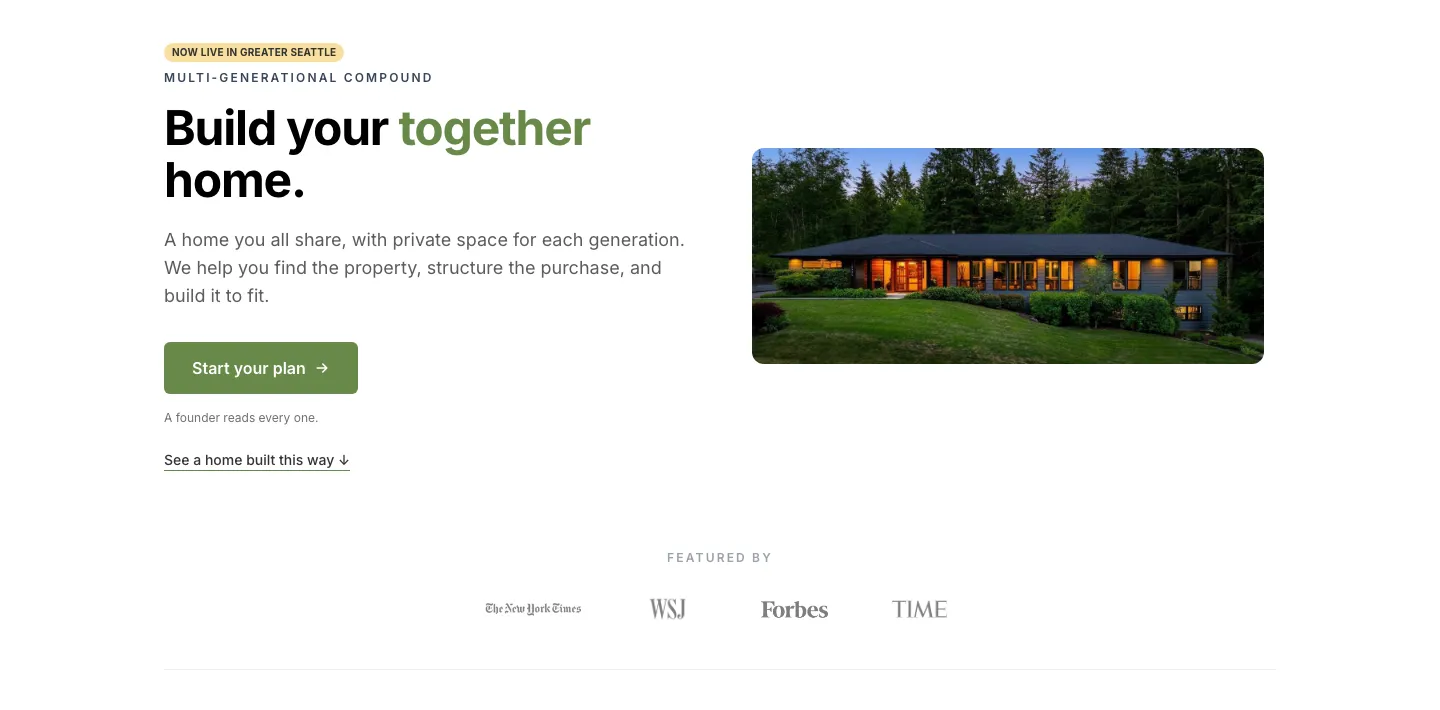 The Compound page on cobuy.io, headed "Build your together home", marked now live in Greater Seattle