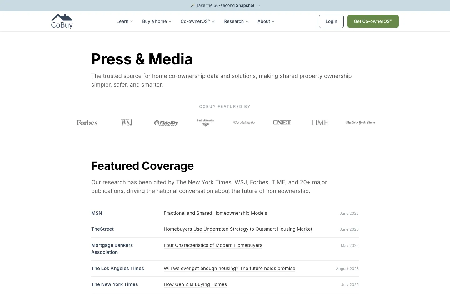 The press and media page, listing featured coverage