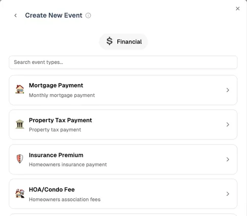 A menu of financial event types, including mortgage payment, property tax and insurance premium