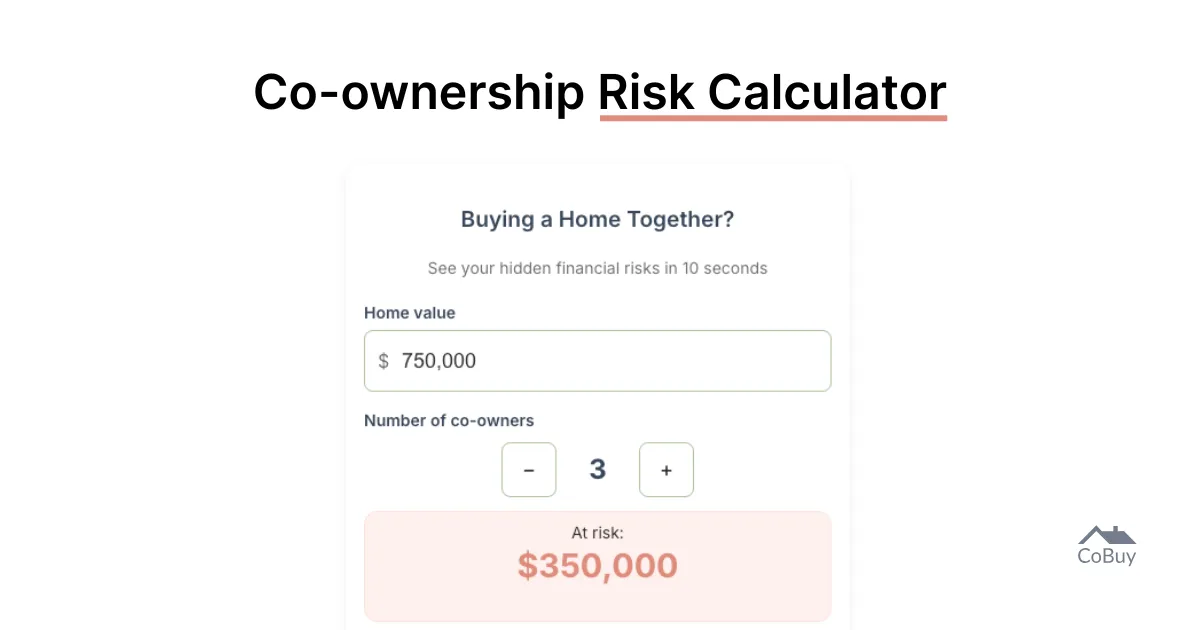 The Co-ownership Risk Calculator, showing a $750,000 home, three co-owners and $350,000 at risk