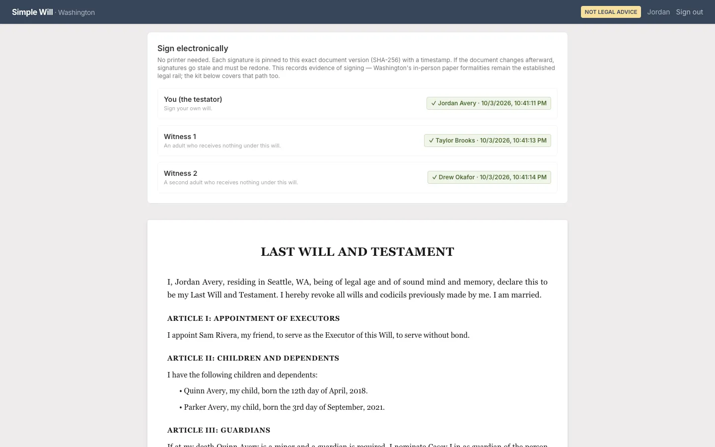 Three completed signatures, the person making the will and two witnesses, each with a timestamp, above the finished will