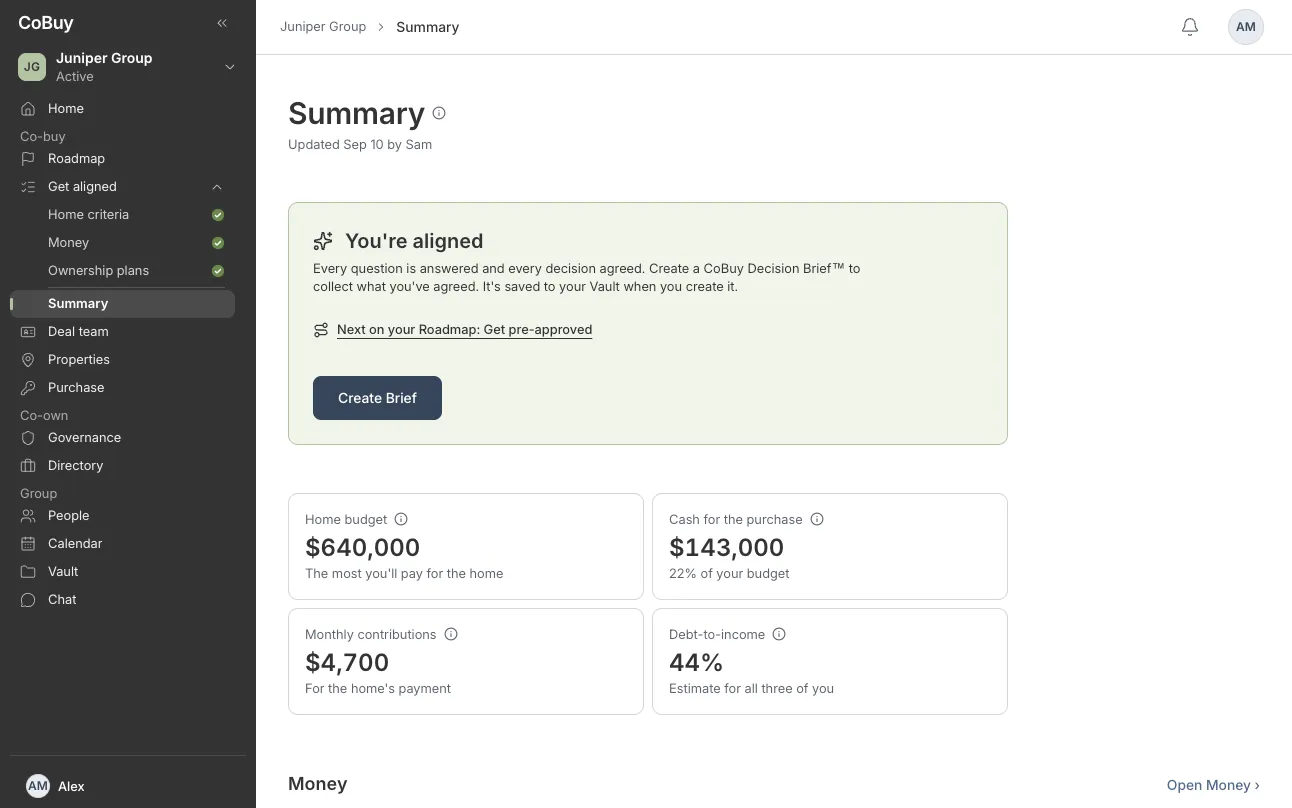 A group’s Summary screen. A banner says they’re aligned, with their home budget, cash for the purchase, monthly contributions and debt-to-income