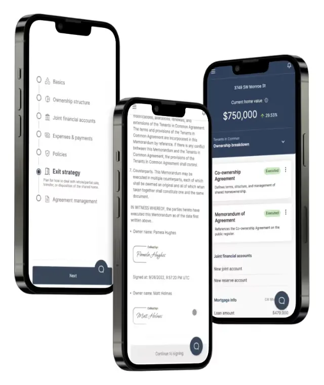 Three phones. The governance steps from basics to exit strategy, a memorandum with two signatures, and the home screen with two executed agreements