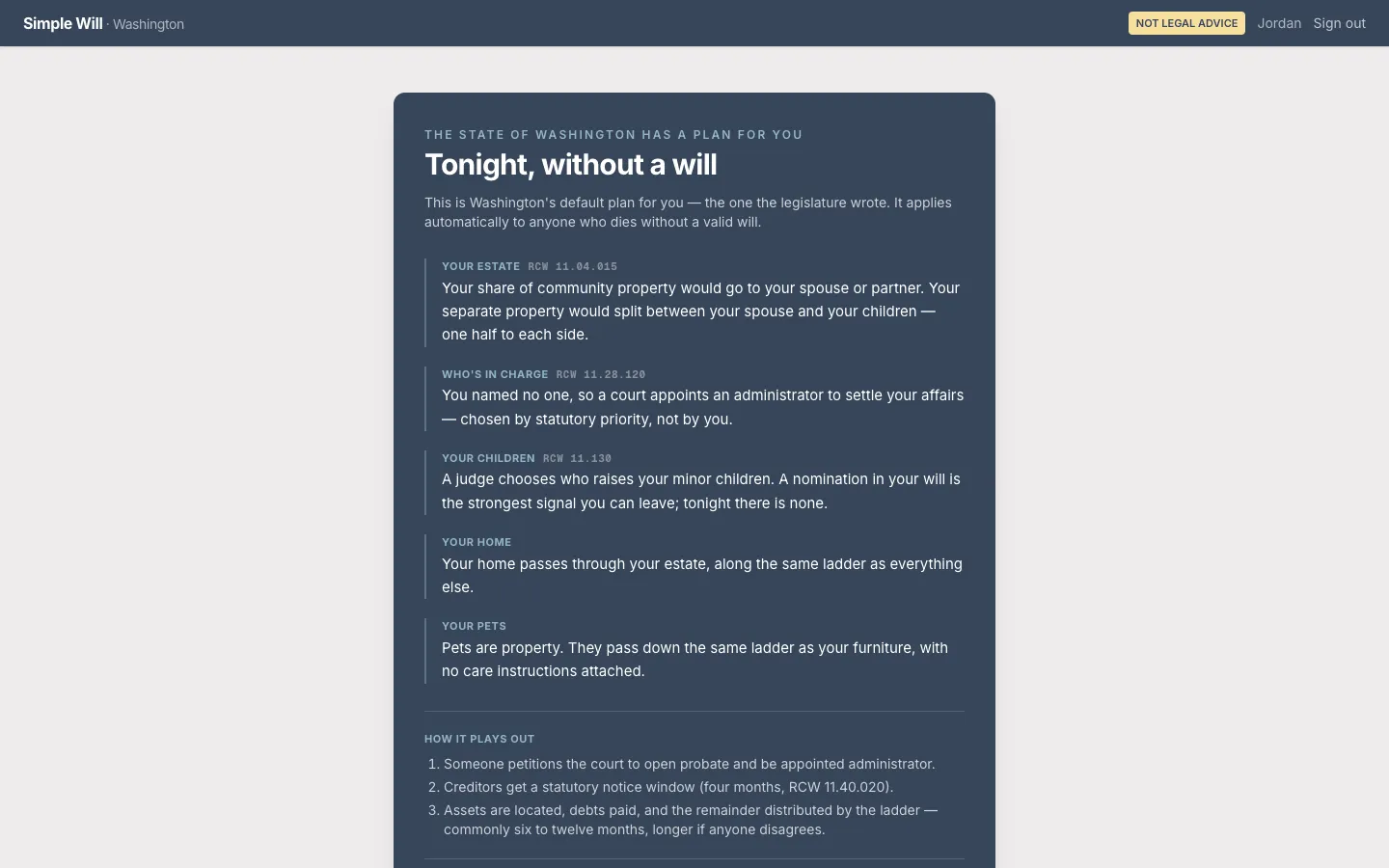 A screen headed "Tonight, without a will", listing what the state’s default plan does with an estate, a home, children and pets
