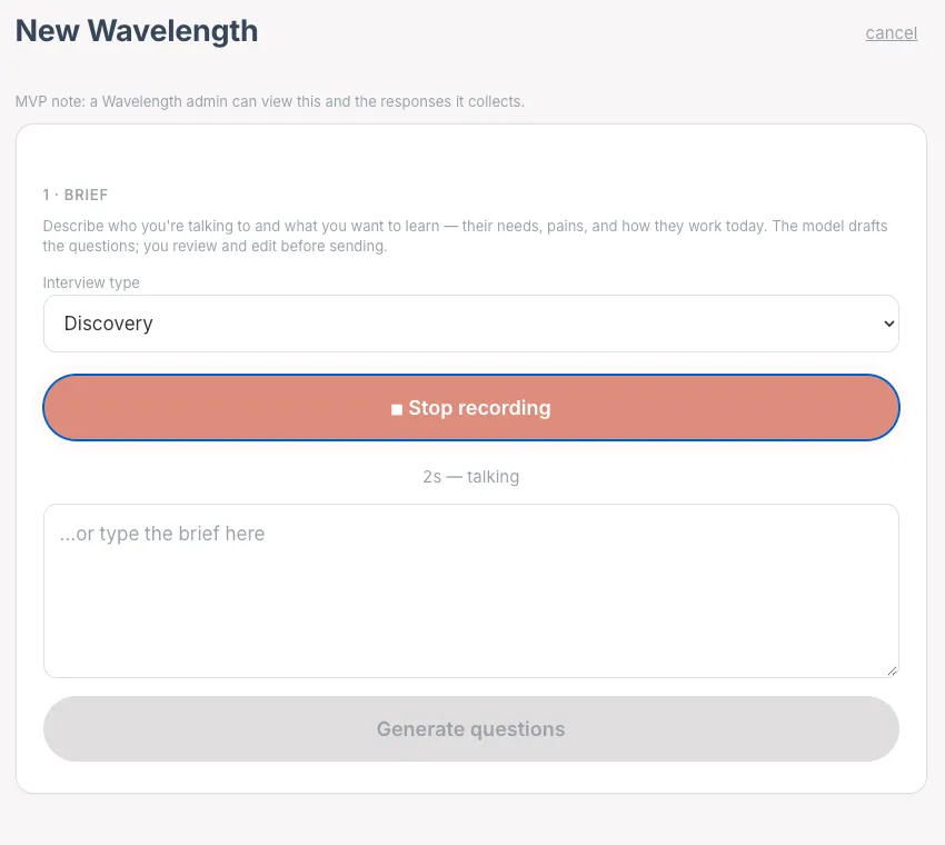 The set-up screen for a new Wavelength, recording a spoken brief, with an interview type and a button to generate questions