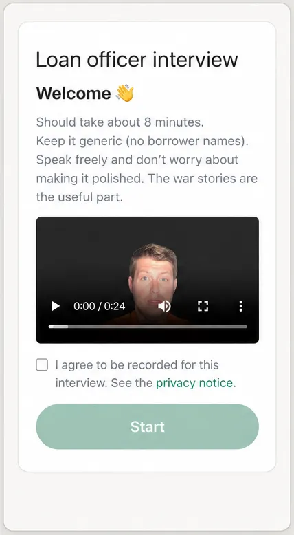 The welcome a respondent sees on a phone. A short note, an introduction video, a consent box and a start button
