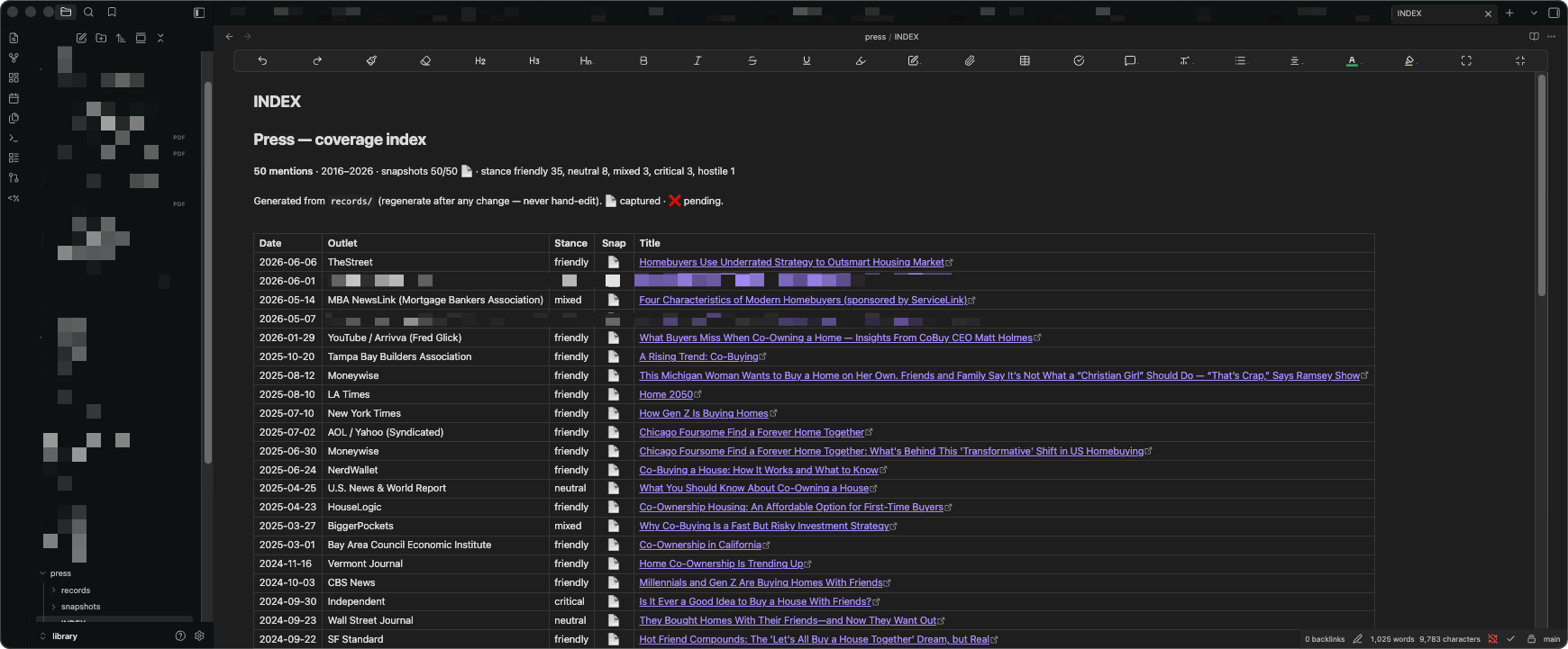 My press index: 50 mentions since 2016, each tagged with a stance and an archived snapshot, generated from the records