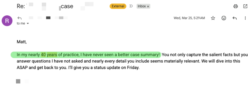 A senior IP litigator's emailed reply calling it the best case summary he had seen in nearly 40 years of practice