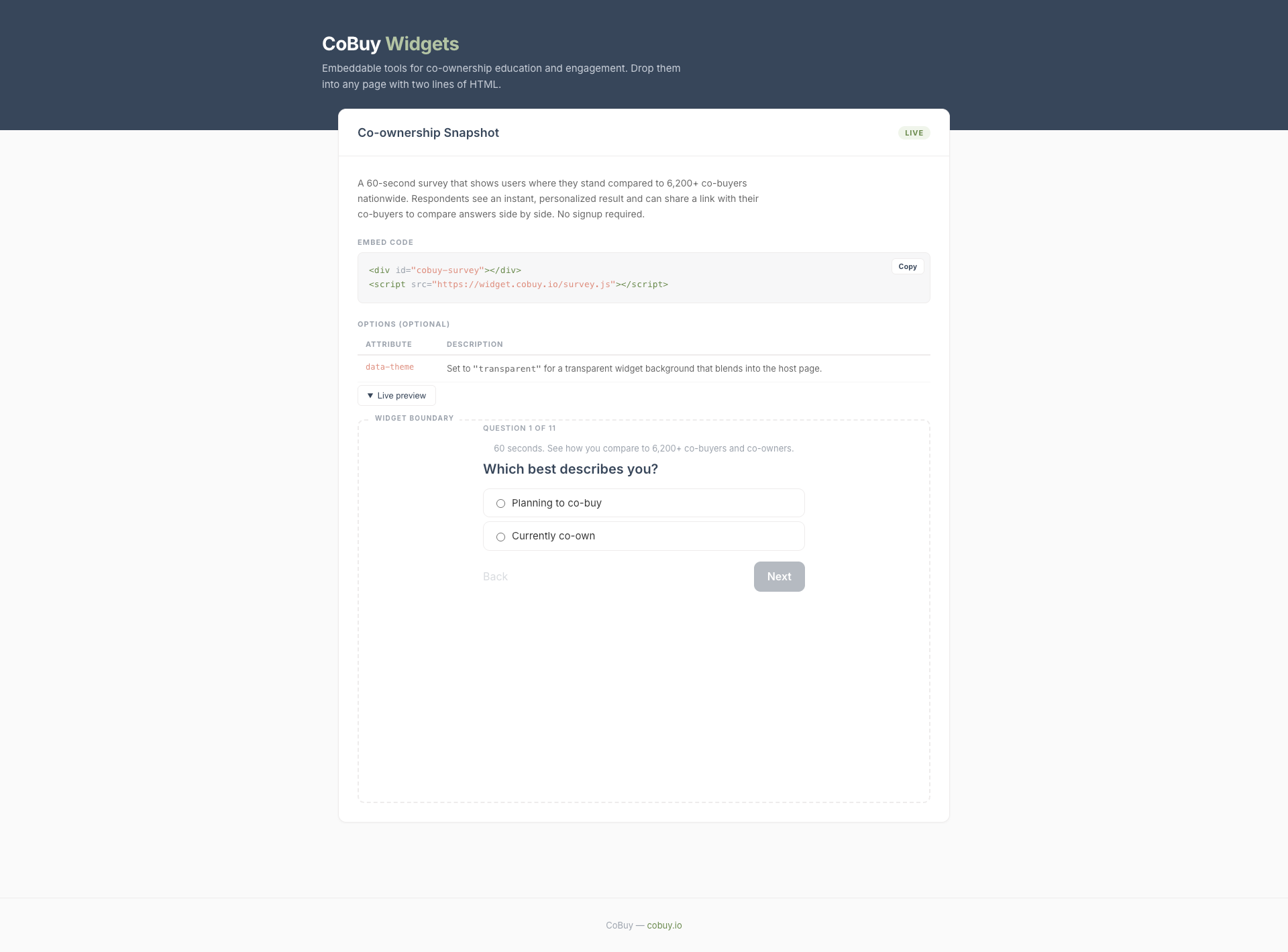 The CoBuy widgets page showing embeddable tools that drop into any page with two lines of HTML