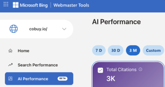 Microsoft Bing Webmaster Tools AI Performance dashboard showing 3K total AI citations for cobuy.io over three months